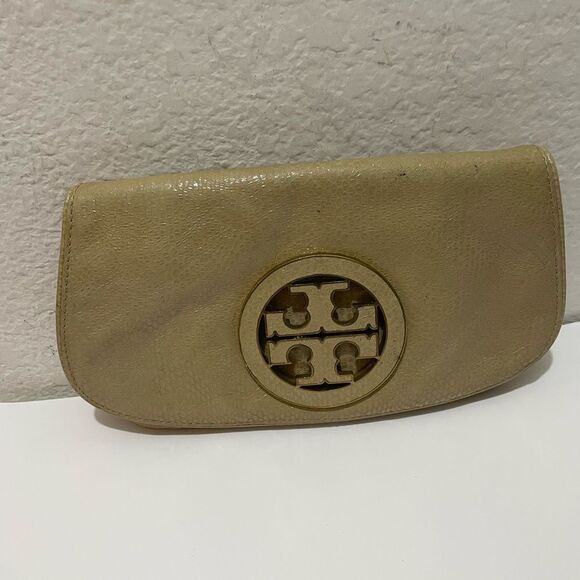 TORY BURCH Solid Tan Leather Clutch Bag Purse - Picture 1 of 14